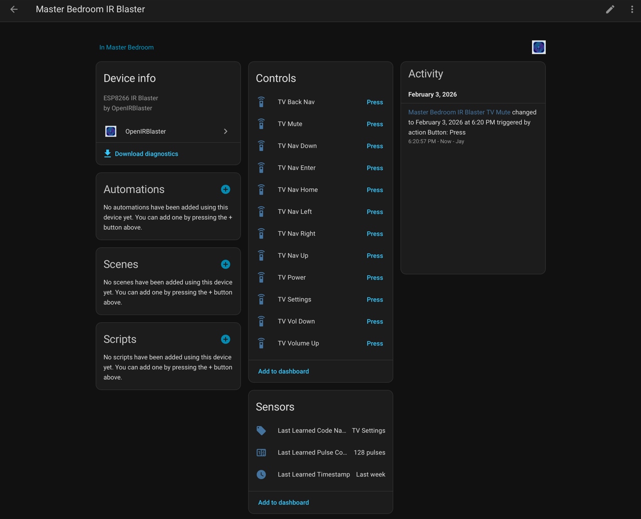 Home Assistant device page showing OpenIRBlaster controls and learned IR codes
