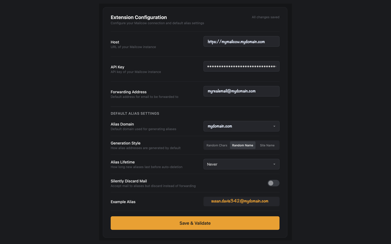 Mailcow Aliases extension settings page showing server URL and API key configuration